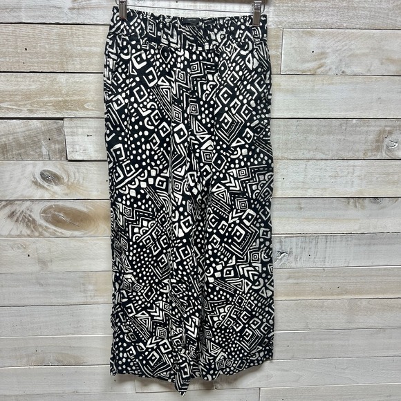 Tahari Pants - Tahari Wide Leg Linen Pants Womens Medium Black White Elastic Waist Pockets